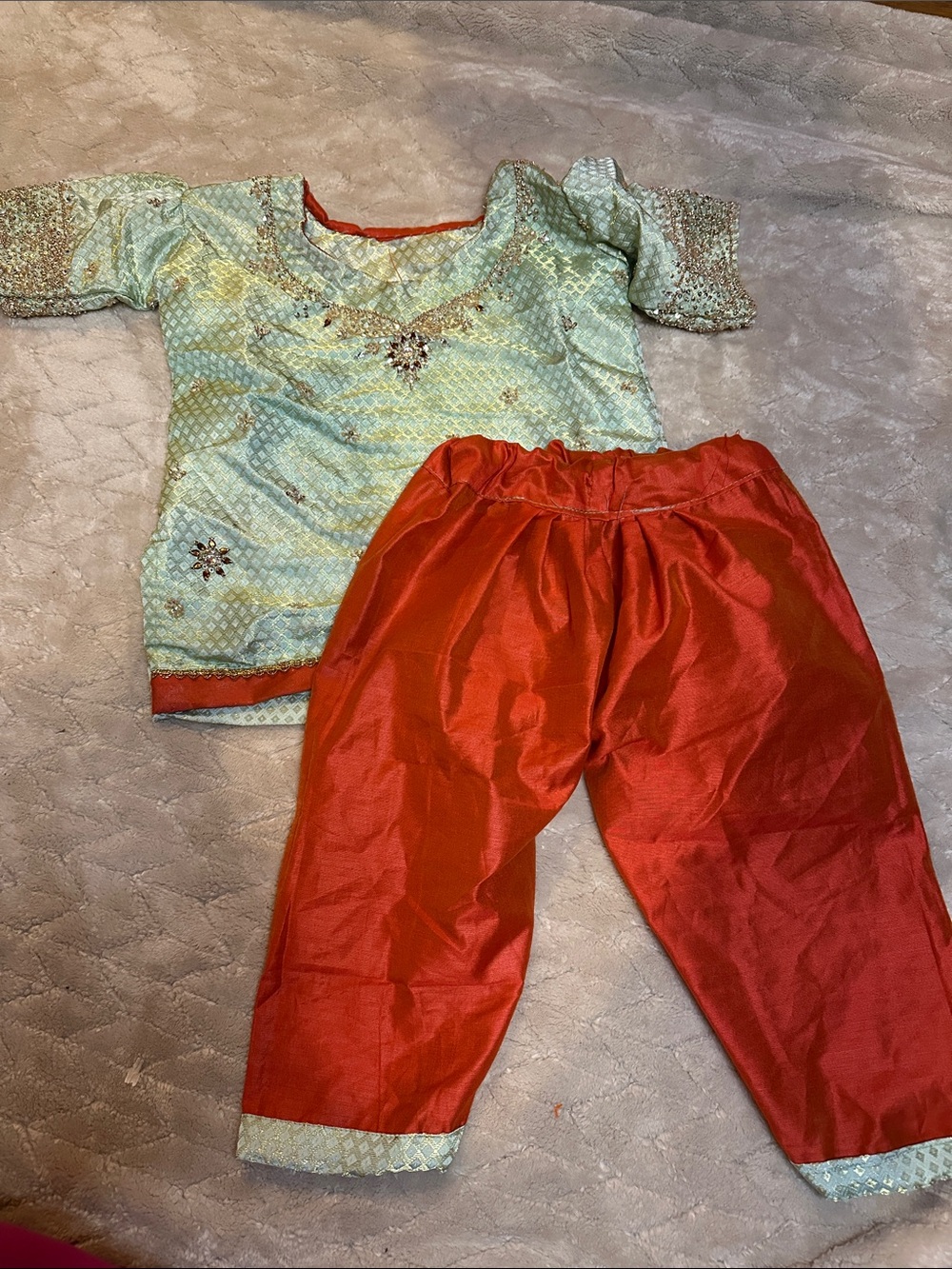 Kids Two-Piece Pajama cultural outfit in Light Green and Red